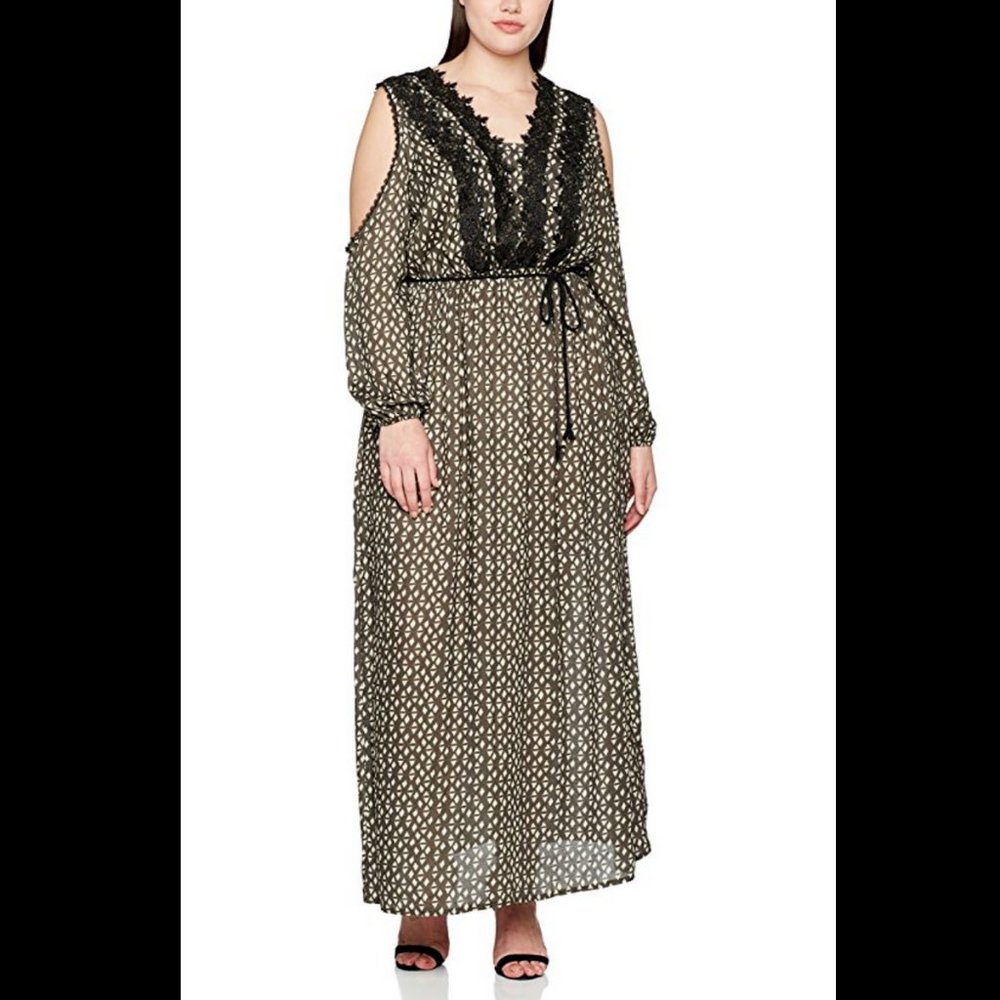 !!! SALE SALE SALE !!! ELVI OLIVE GREEN COLD SHOULDER W/ BELT PRINTED MAXI DRESS